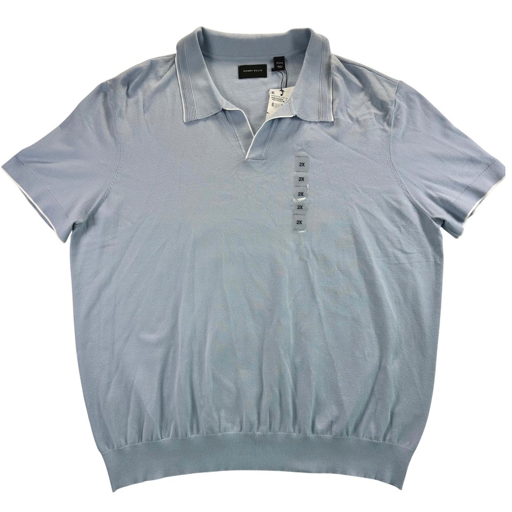 Perry Ellis Mens 2X Kentucky Blue Knit V-Neck Polo Shirt Short Sleeve NEW